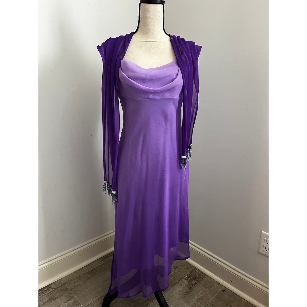 Vintage 90s Purple Cowl Neck Midi Dress 5/6 Beaded Shawl Y2K Whimsigoth Formal